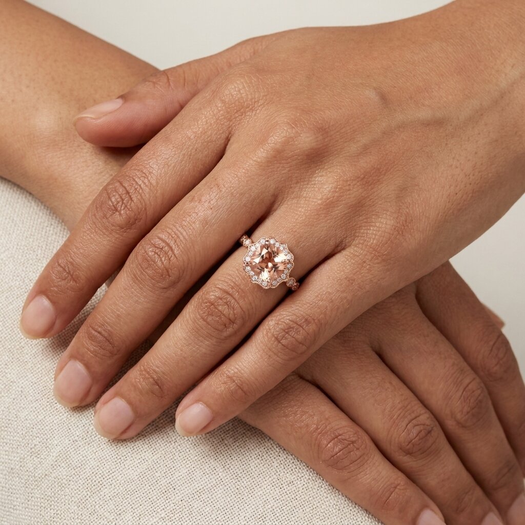 14k Rose Gold Cushion Cut Morganite Halo Ring, Art Deco Peach Wedding Band