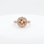 14k Rose Gold Cushion Cut Morganite Halo Ring, Art Deco Peach Wedding Band