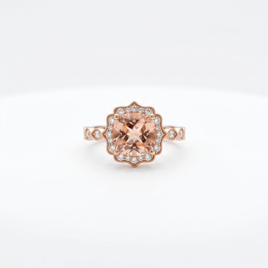 14k Rose Gold Cushion Cut Morganite Halo Ring, Art Deco Peach Wedding Band