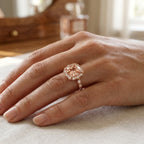 14k Rose Gold Cushion Cut Morganite Halo Ring, Art Deco Peach Wedding Band
