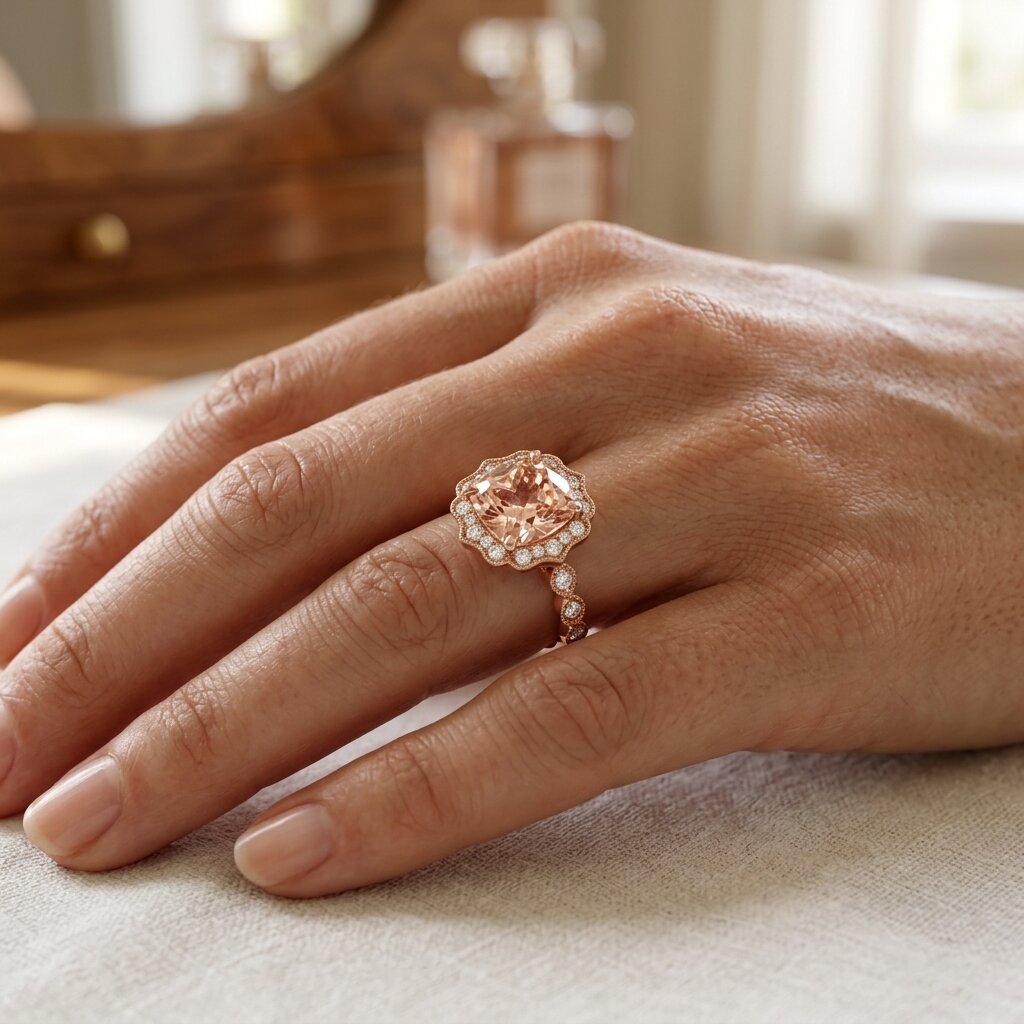 14k Rose Gold Cushion Cut Morganite Halo Ring, Art Deco Peach Wedding Band