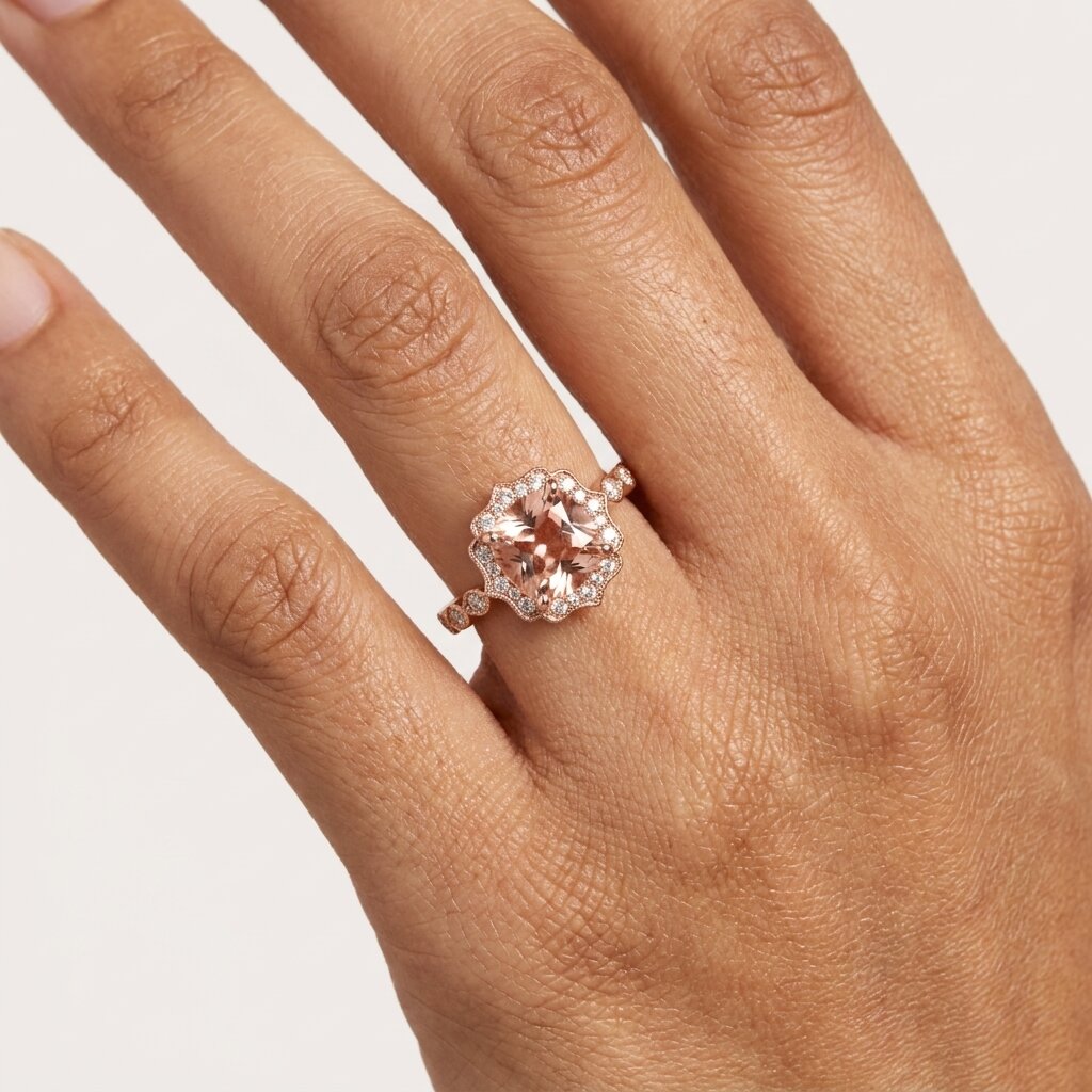 14k Rose Gold Cushion Cut Morganite Halo Ring, Art Deco Peach Wedding Band
