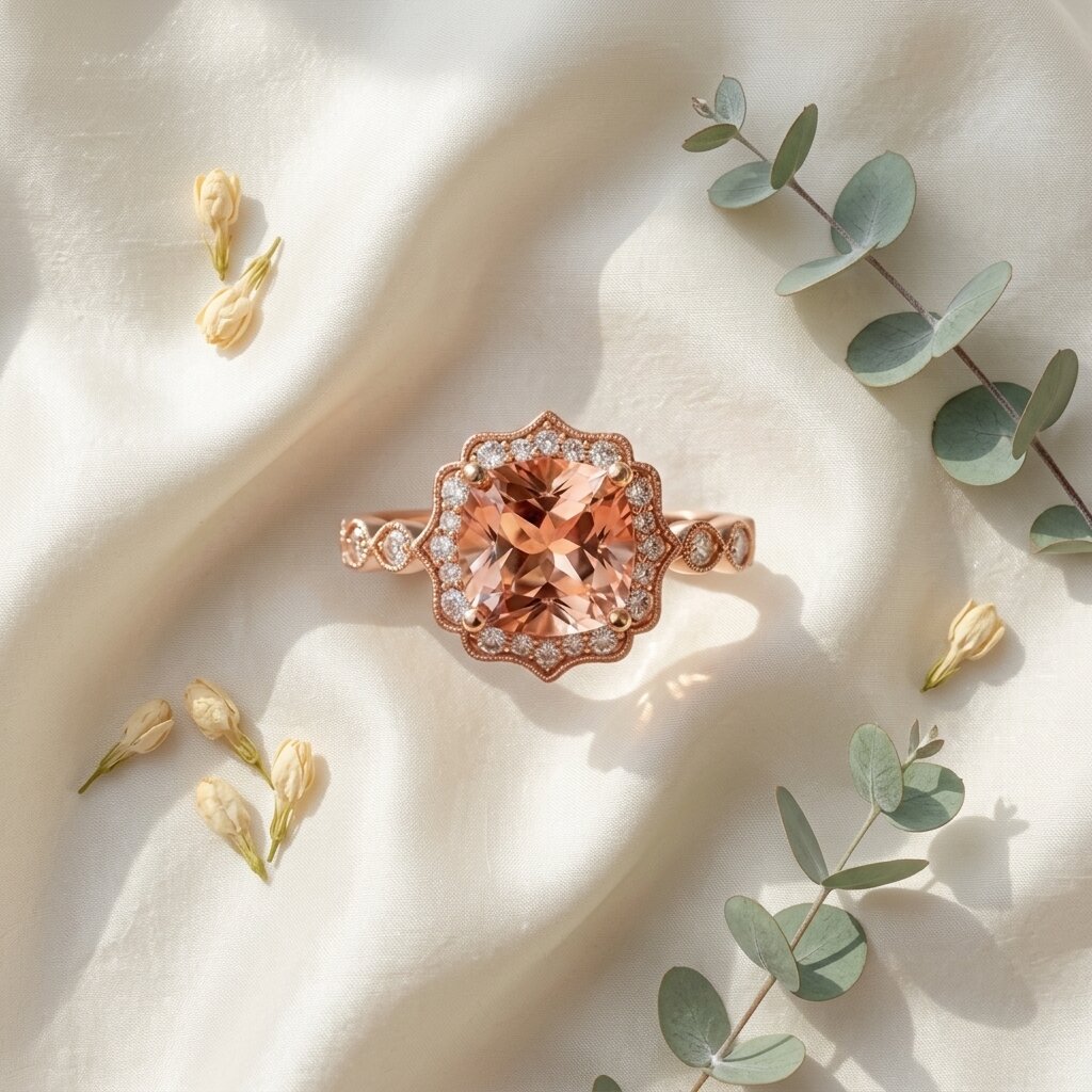 14k Rose Gold Cushion Cut Morganite Halo Ring, Art Deco Peach Wedding Band