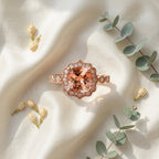 14k Rose Gold Cushion Cut Morganite Halo Ring, Art Deco Peach Wedding Band