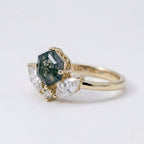 Hexagon Cut Moss Agate Engagement Ring, 14k Moissanite Marquise Stacking Ring