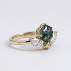 Hexagon Cut Moss Agate Engagement Ring, 14k Moissanite Marquise Stacking Ring