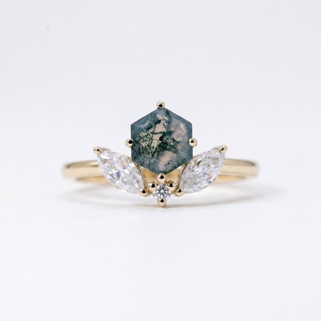 Hexagon Cut Moss Agate Engagement Ring, 14k Moissanite Marquise Stacking Ring