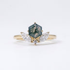 Hexagon Cut Moss Agate Engagement Ring, 14k Moissanite Marquise Stacking Ring