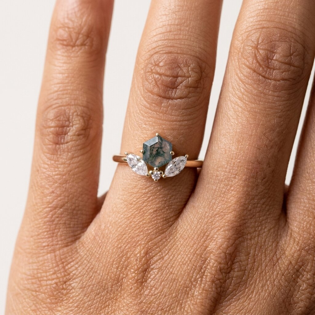 Hexagon Cut Moss Agate Engagement Ring, 14k Moissanite Marquise Stacking Ring