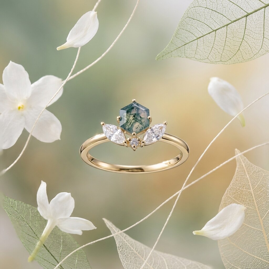 Hexagon Cut Moss Agate Engagement Ring, 14k Moissanite Marquise Stacking Ring