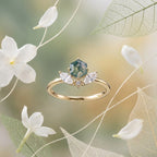Hexagon Cut Moss Agate Engagement Ring, 14k Moissanite Marquise Stacking Ring