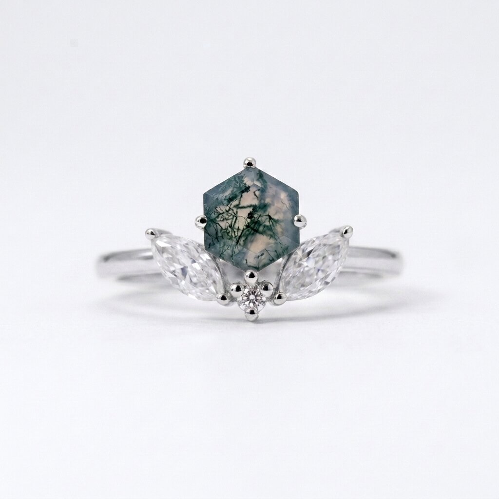 Hexagon Cut Moss Agate Engagement Ring, 14k Moissanite Marquise Stacking Ring
