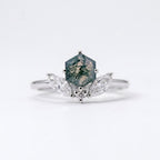 Hexagon Cut Moss Agate Engagement Ring, 14k Moissanite Marquise Stacking Ring