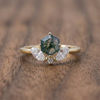 Hexagon Cut Moss Agate Engagement Ring, 14k Moissanite Marquise Stacking Ring