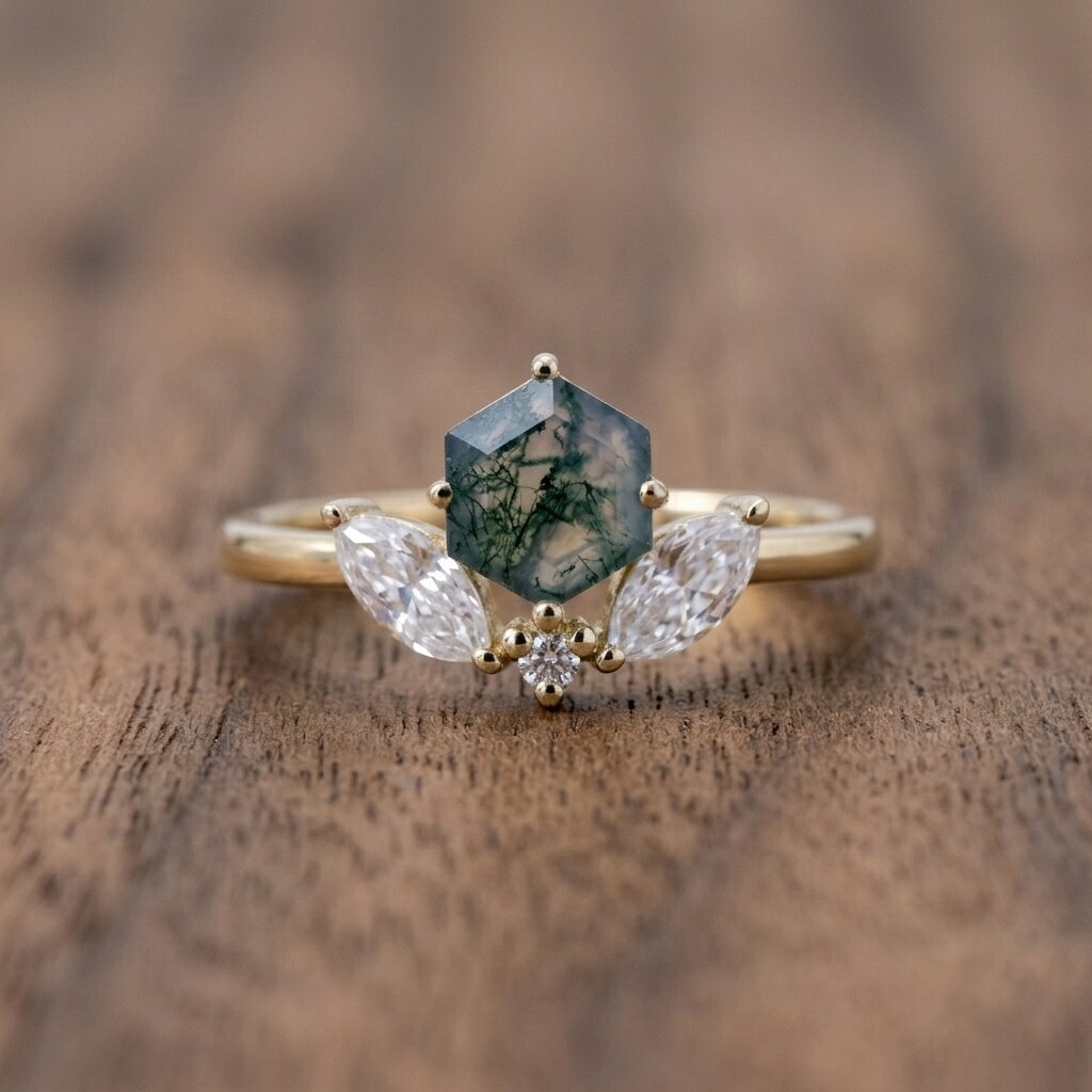Hexagon Cut Moss Agate Engagement Ring, 14k Moissanite Marquise Stacking Ring