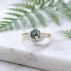 Hexagon Cut Moss Agate Engagement Ring, 14k Moissanite Marquise Stacking Ring