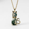 14k Gold Moss Agate Cat Necklace, Pear Shaped Green Agate Kitten Pendant, Nature Inspired The Jewel Temple