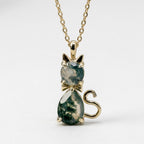 14k Gold Moss Agate Cat Necklace, Pear Shaped Green Agate Kitten Pendant, Nature Inspired The Jewel Temple