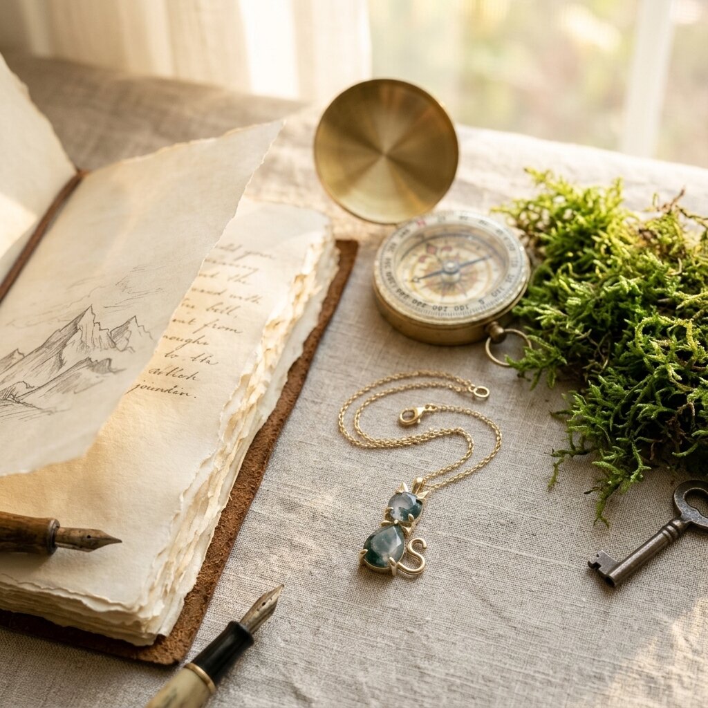 14k Gold Moss Agate Cat Necklace, Pear Shaped Green Agate Kitten Pendant, Nature Inspired The Jewel Temple