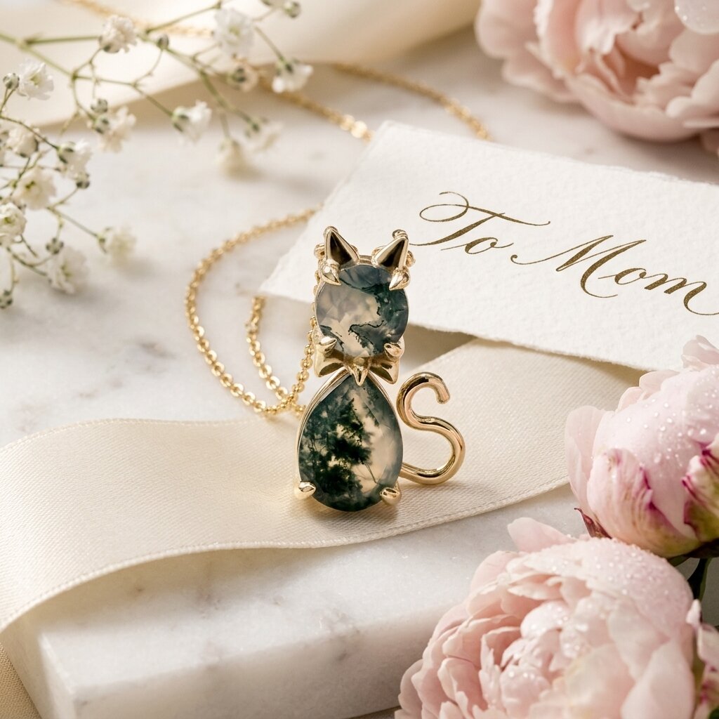 14k Gold Moss Agate Cat Necklace, Pear Shaped Green Agate Kitten Pendant, Nature Inspired The Jewel Temple