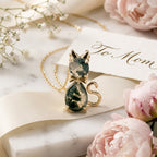 14k Gold Moss Agate Cat Necklace, Pear Shaped Green Agate Kitten Pendant, Nature Inspired The Jewel Temple