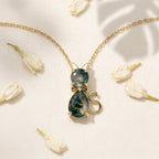 14k Gold Moss Agate Cat Necklace, Pear Shaped Green Agate Kitten Pendant, Nature Inspired The Jewel Temple