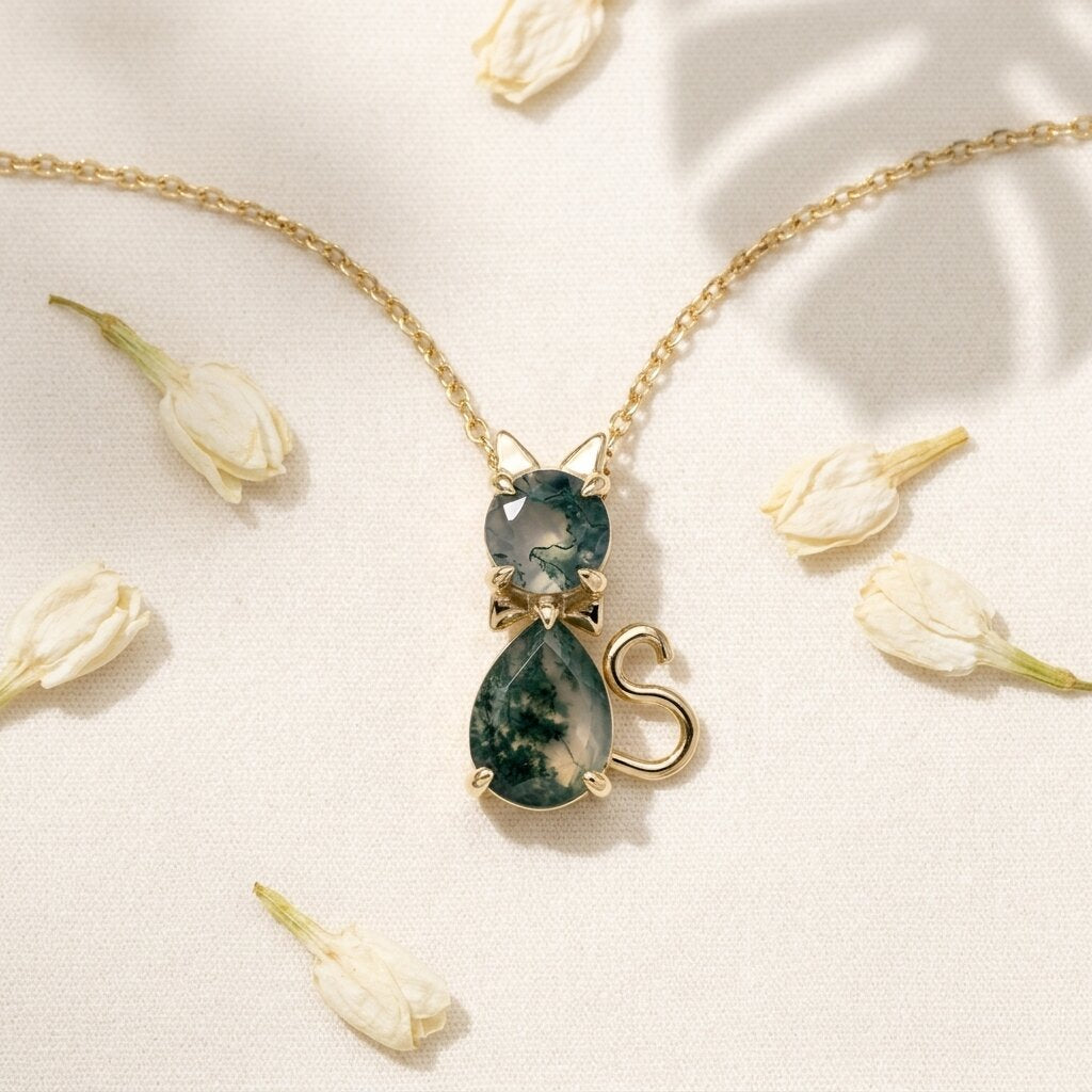 14k Gold Moss Agate Cat Necklace, Pear Shaped Green Agate Kitten Pendant, Nature Inspired The Jewel Temple