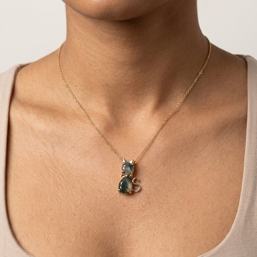 14k Gold Moss Agate Cat Necklace, Pear Shaped Green Agate Kitten Pendant, Nature Inspired The Jewel Temple
