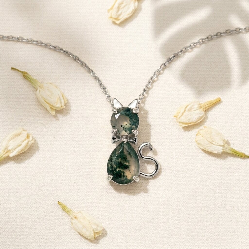 14k Gold Moss Agate Cat Necklace, Pear Shaped Green Agate Kitten Pendant, Nature Inspired The Jewel Temple