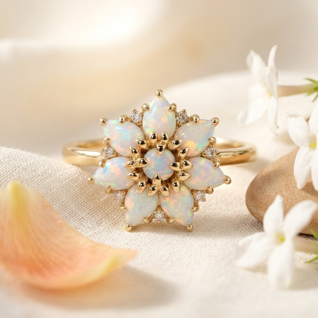 14k Gold Pear Cut Opal Flower Engagement Ring, Moissanite Cluster Birthstone Jewelry