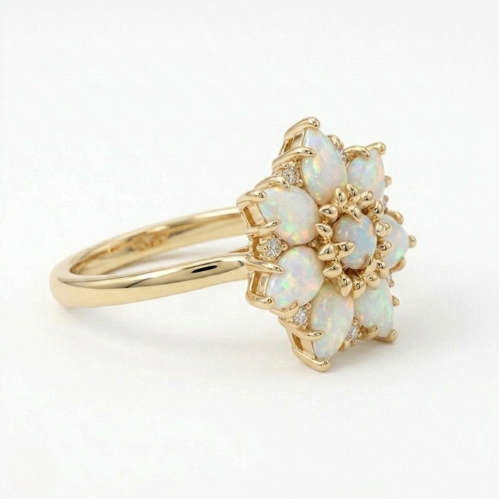 14k Gold Pear Cut Opal Flower Engagement Ring, Moissanite Cluster Birthstone Jewelry