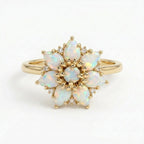 14k Gold Pear Cut Opal Flower Engagement Ring, Moissanite Cluster Birthstone Jewelry