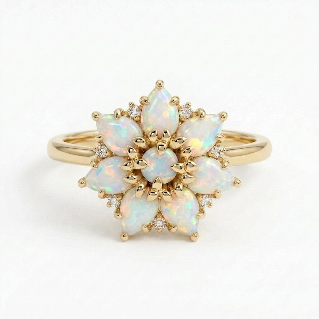 14k Gold Pear Cut Opal Flower Engagement Ring, Moissanite Cluster Birthstone Jewelry