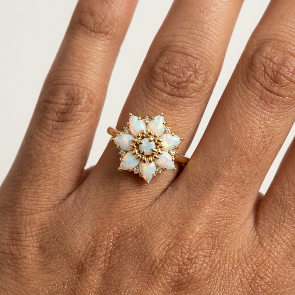 14k Gold Pear Cut Opal Flower Engagement Ring, Moissanite Cluster Birthstone Jewelry