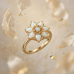 14k Gold Pear Cut Opal Flower Engagement Ring, Moissanite Cluster Birthstone Jewelry