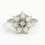 14k Gold Pear Cut Opal Flower Engagement Ring, Moissanite Cluster Birthstone Jewelry