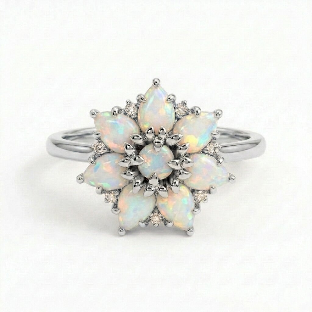 14k Gold Pear Cut Opal Flower Engagement Ring, Moissanite Cluster Birthstone Jewelry