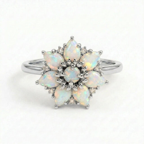 14k Gold Pear Cut Opal Flower Engagement Ring, Moissanite Cluster Birthstone Jewelry