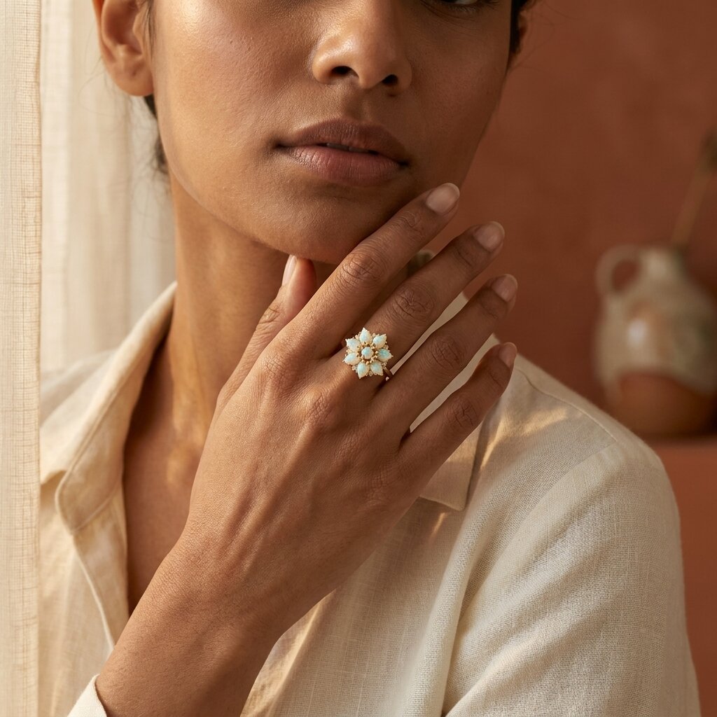 14k Gold Pear Cut Opal Flower Engagement Ring, Moissanite Cluster Birthstone Jewelry