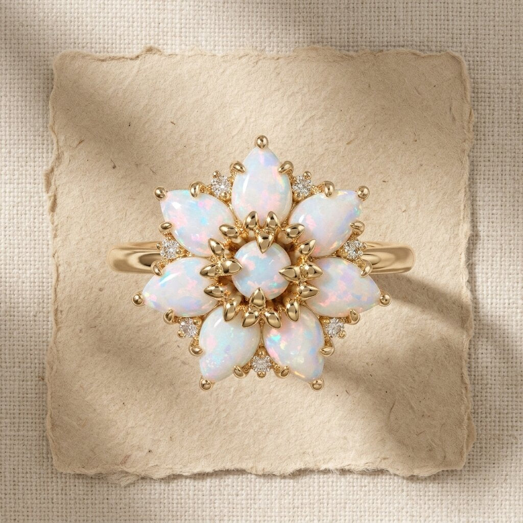 14k Gold Pear Cut Opal Flower Engagement Ring, Moissanite Cluster Birthstone Jewelry
