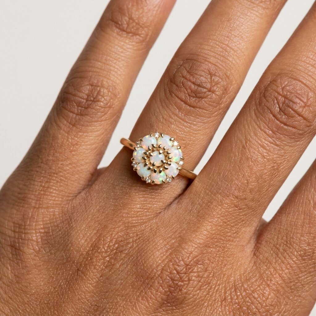 14k Gold Opal Flower Ring, Dainty Opal Cluster Engagement Ring for Women, Vintage Floral Opal Anniversary Ring, October Birthstone Jewelry