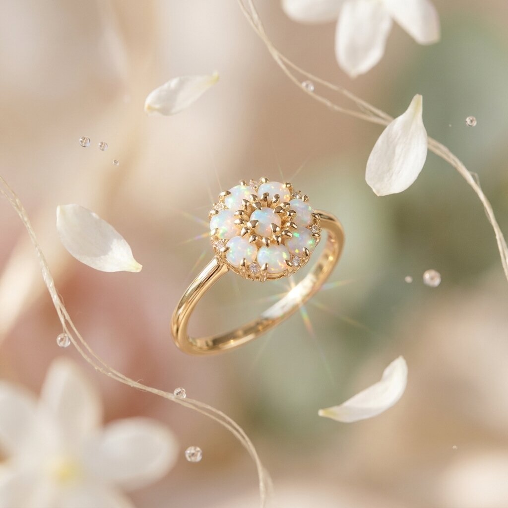 14k Gold Opal Flower Ring, Dainty Opal Cluster Engagement Ring for Women, Vintage Floral Opal Anniversary Ring, October Birthstone Jewelry