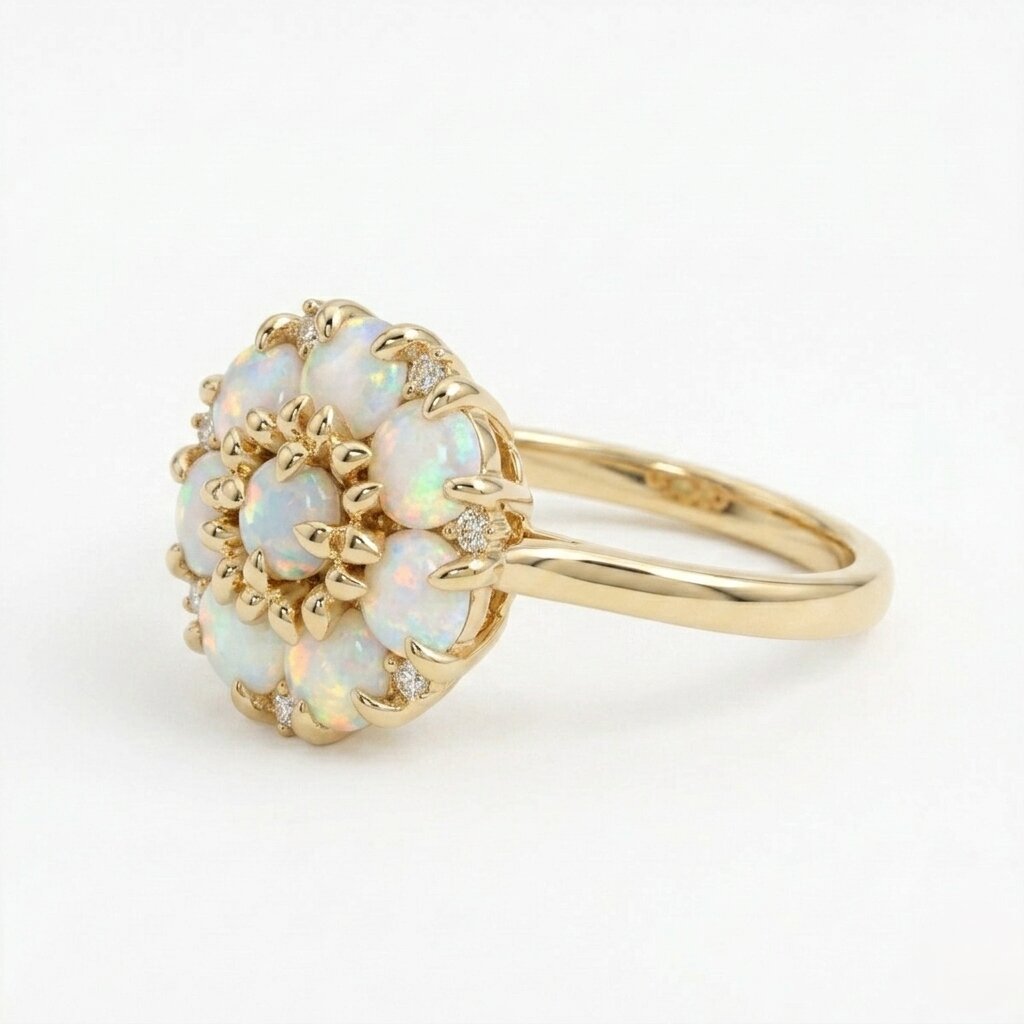 14k Gold Opal Flower Ring, Dainty Opal Cluster Engagement Ring for Women, Vintage Floral Opal Anniversary Ring, October Birthstone Jewelry