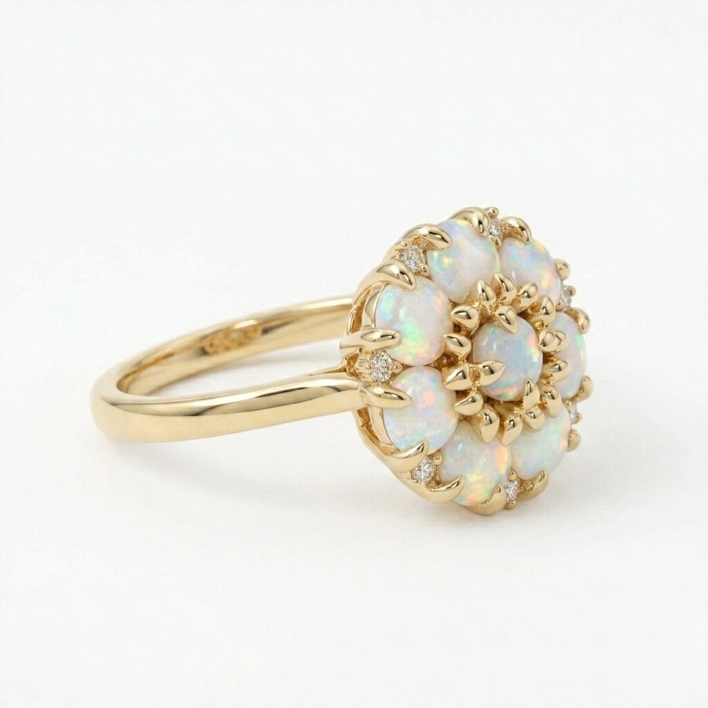 14k Gold Opal Flower Ring, Dainty Opal Cluster Engagement Ring for Women, Vintage Floral Opal Anniversary Ring, October Birthstone Jewelry