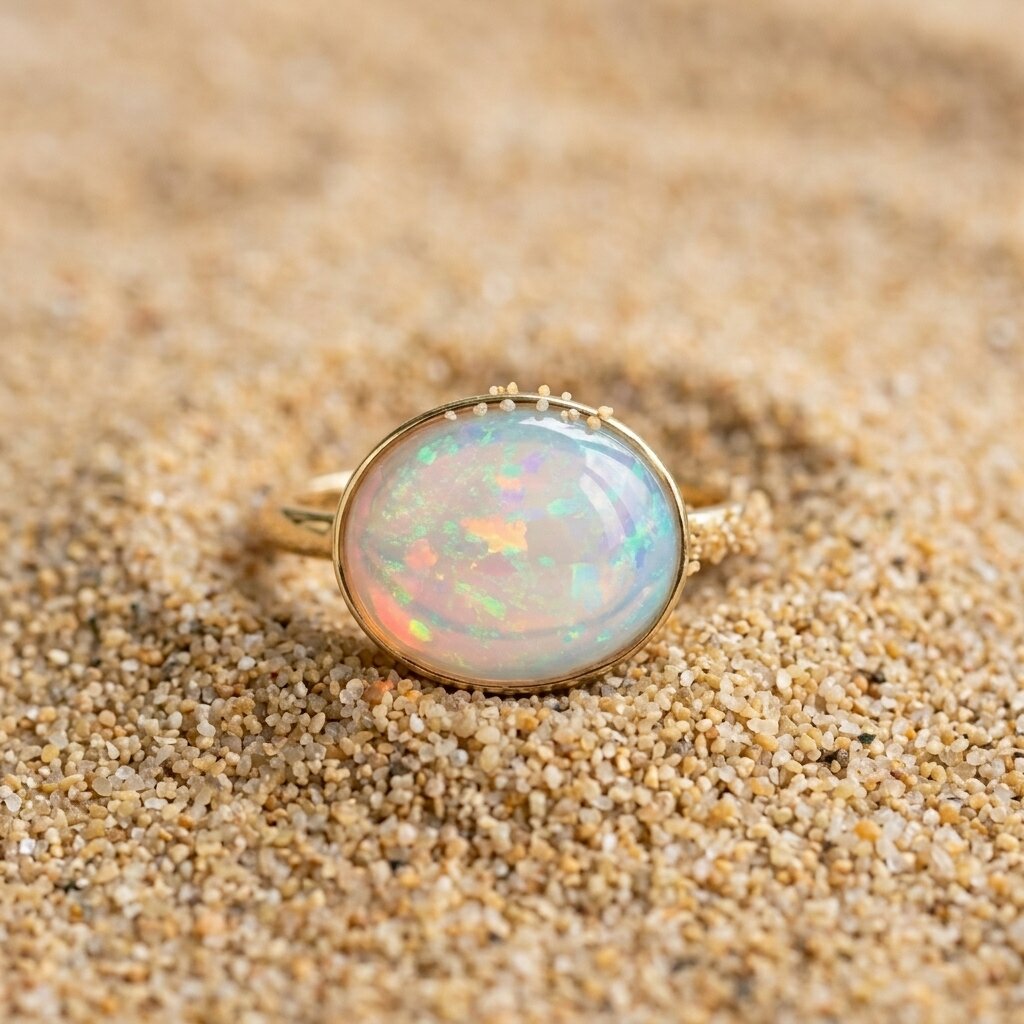 Solitaire Ethiopian Opal Engagement Ring, Bezel Set, October Birthstone, Fire Opal (12x8mm)
