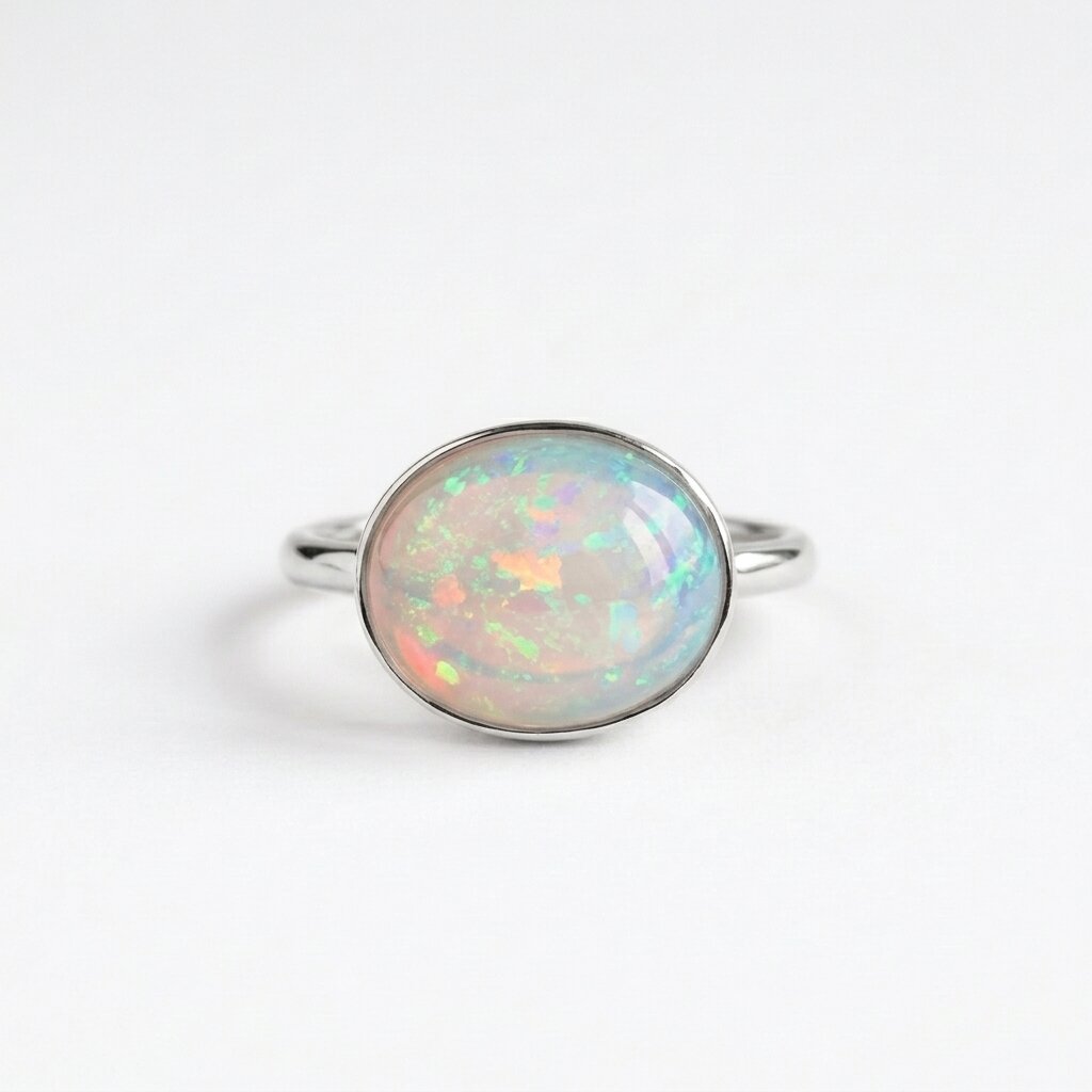 Solitaire Ethiopian Opal Engagement Ring, Bezel Set, October Birthstone, Fire Opal (12x8mm)
