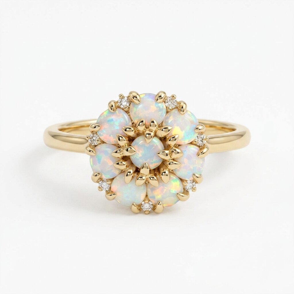 14k Gold Opal Flower Ring, Dainty Opal Cluster Engagement Ring for Women, Vintage Floral Opal Anniversary Ring, October Birthstone Jewelry