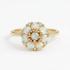 14k Gold Opal Flower Ring, Dainty Opal Cluster Engagement Ring for Women, Vintage Floral Opal Anniversary Ring, October Birthstone Jewelry