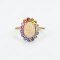 Oval Opal Engagement Ring, 14k Solid Gold Multi Sapphire Wedding Band