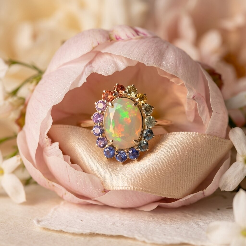 Oval Opal Engagement Ring, 14k Solid Gold Multi Sapphire Wedding Band